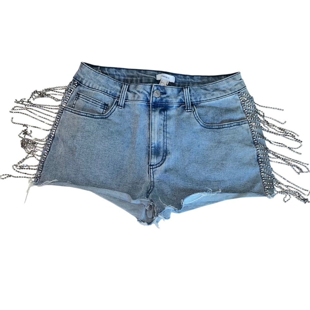 Forever 21 Rhinestone Fringe Denim Shorts Light Wash Blue Cut Off Size 30